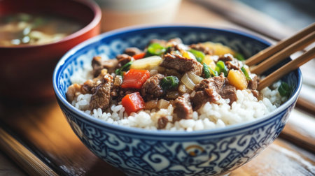 A vibrant beef stir-fry served over fluffy steamed rice in a decorative blue bowl. The meal is complemented by fresh vegetables and chopsticks. Perfect for food lovers.の素材