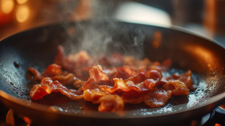 A mouthwatering scene of bacon sizzling in a frying pan, surrounded by steam and warm light. Perfect for breakfast or culinary-themed content.の素材