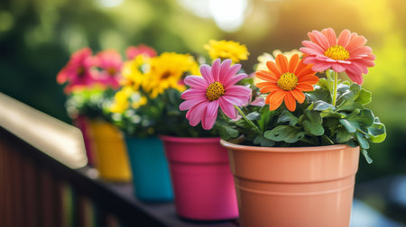 Brightly colored flower pots showcase a variety of blooms in a sunny outdoor setting, perfect for adding cheer to any garden or balcony space.の素材