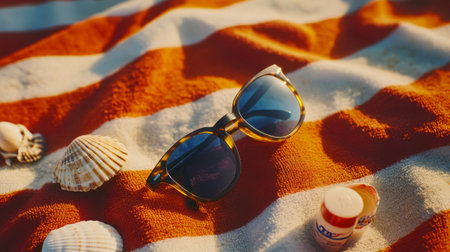 A pair of stylish sunglasses placed on a striped beach towel, surrounded by seashells and sunblock, evoking a relaxed summer vibe at the beach.の素材
