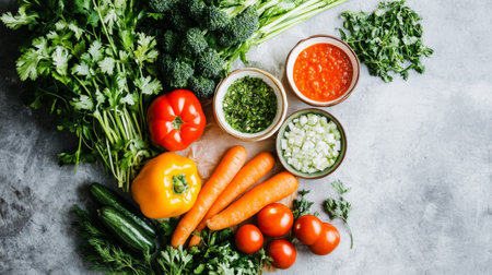 A vibrant assortment of fresh vegetables and herbs beautifully arranged on a rustic gray surface, perfect for a healthy cooking concept or food styling.の素材