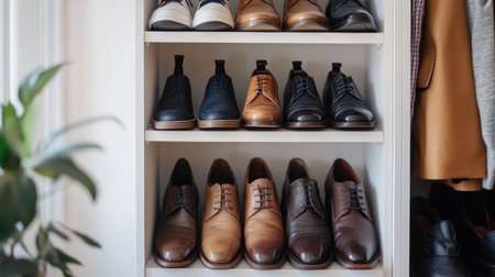A close-up of a compact shoe rack in a small apartment, filled with neatly arranged shoes, from casual sneakers to formal dress shoes, set against a clean white wall.の素材