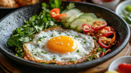 A close-up of a sizzling pan of Thai-style fried eggs  with crispy edges and a runny yolk, served with a side of pickled vegetables and fresh herbs.の素材