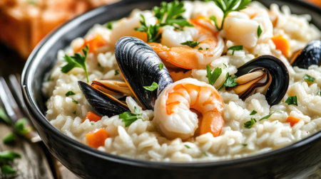 A close-up of a seafood risotto with creamy, flavorful rice and a mix of shrimp, scallops, and mussels, garnished with parsley and served in a fine dining bowl.の素材