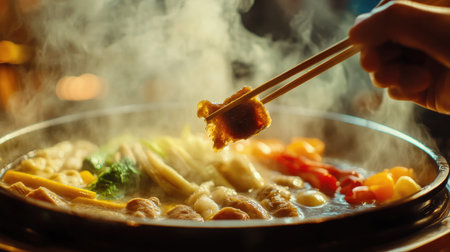 A close-up of a hand using chopsticks to pick up a piece of meat from a steaming hot pot, with colorful vegetables and bubbling broth visible in the background.の素材