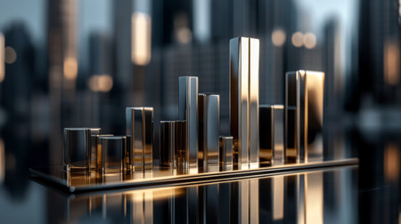 Captivating abstract 3D metallic bar graph showcasing urban elements. This visually striking design symbolizes growth and success in business analytics.の素材