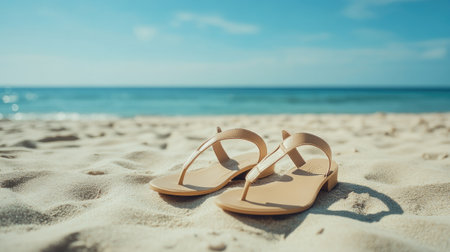 A close-up of chic strappy sandals on a well-manicured beach, with the ocean in the background, highlighting the summer fashion and elegance.の素材