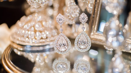 Stunning diamond earrings glimmer in soft light, reflecting elegance and luxury. Perfect for special occasions, these exquisite jewels enhance any attire beautifully.の素材