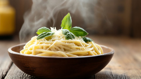 A warm bowl of freshly cooked spaghetti topped with basil and grated cheese, creating a delicious Italian dish. Perfect for meal inspiration!の素材