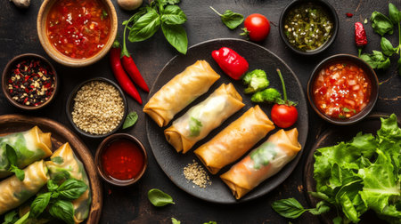 A vibrant assortment of colorful spring rolls accompanied by a variety of delicious dipping sauces and fresh ingredients, perfect for a healthy meal or snack.の素材