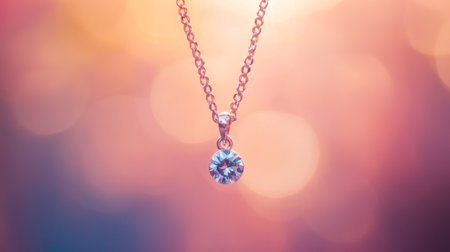 Sparkling diamond pendant necklace hangs with a soft bokeh background, creating an elegant and luxurious feel. Perfect for showcasing beauty and style.の素材