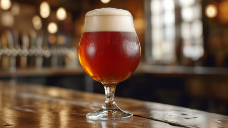 A beautifully crafted glass of amber beer sits on a rustic wooden counter, showcasing rich colors and a frothy head, perfect for socializing in a bar.の素材