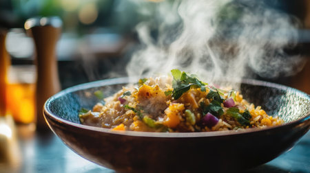 A close-up shot of steaming curry fried rice served in a bowl, showcasing the mix of colorful ingredients and aromatic spices in a cozy dining setting.の素材