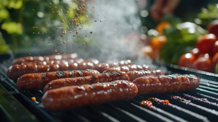 A detailed view of sausages being prepared for a barbecue, with close-up shots of the raw links, seasoning, and a background of fresh vegetables.の素材