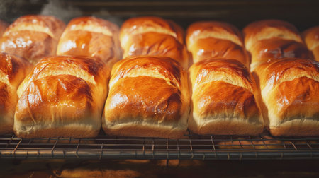 A dynamic image of bread loaves cooling on a wire rack, with a focus on the texture of the crust and the inviting aroma of freshly baked bread filling the air.の素材