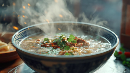 A dynamic scene of a steaming bowl of  being served at a Thai restaurant, with the flavorful soup steaming and garnished with fresh herbs and spices.の素材