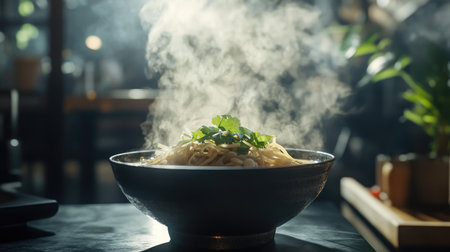 A dynamic scene of a steaming bowl of  being served at a Thai restaurant, with the flavorful soup steaming and garnished with fresh herbs and spices.の素材