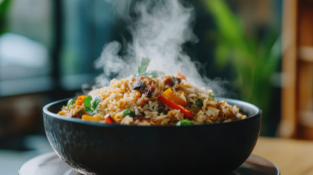 A close-up shot of steaming curry fried rice served in a bowl, showcasing the mix of colorful ingredients and aromatic spices in a cozy dining setting.の素材