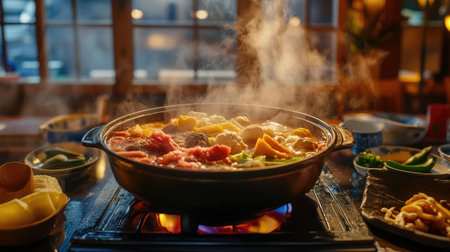 A dynamic shot of a steaming hot pot with a variety of ingredients simmering, set in a cozy dining room with traditional Asian tableware and ambient lighting.の素材