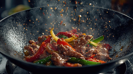 A dynamic shot of a sizzling pork stir-fry in a wok, with colorful bell peppers, onions, and snap peas, being tossed and cooked over high heat.の素材