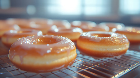 A dynamic scene of freshly baked donuts cooling on a wire rack, with a focus on the golden-brown exterior and the soft, fluffy interior visible.の素材