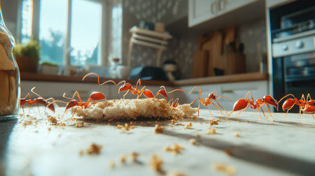 A detailed image of ants crawling on a crumb of food on a kitchen counter, capturing their movement and interaction with the environment.の素材