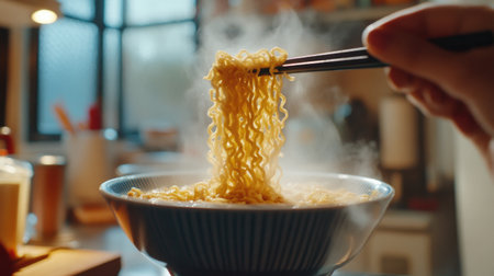 A dynamic shot of a person enjoying a bowl of instant noodles with chopsticks, with a focus on the noodles being lifted from the bowl and a background of kitchen setting.の素材