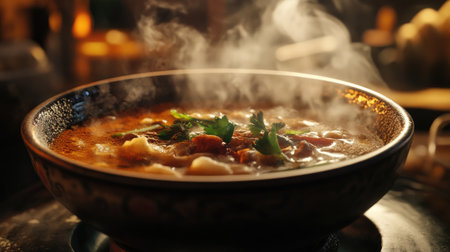 A dynamic scene of a steaming bowl of  being served at a Thai restaurant, with the flavorful soup steaming and garnished with fresh herbs and spices.の素材
