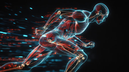 A dynamic shot of a person in motion, such as running or stretching, with an overlay of anatomical lines and labels highlighting muscle groups and joints.の素材