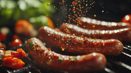 A detailed view of sausages being prepared for a barbecue, with close-up shots of the raw links, seasoning, and a background of fresh vegetables.の素材