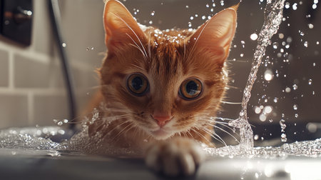 A dynamic shot of a cat's first bath experience, with a mix of curiosity and apprehension as it explores the bath environment, capturing the learning process.の素材