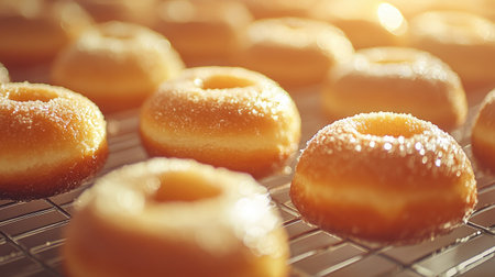 A dynamic scene of freshly baked donuts cooling on a wire rack, with a focus on the golden-brown exterior and the soft, fluffy interior visible.の素材