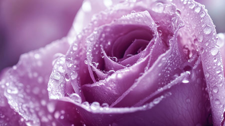 A delicate close-up of a lavender rose with fresh morning dew, with soft focus on the edges of the petals and the surrounding greenery slightly blurred.の素材