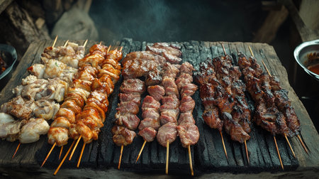 A dynamic image of a barbecue spread featuring various marinated meats, including chicken wings, beef kebabs, and pork ribs, ready for grilling.の素材