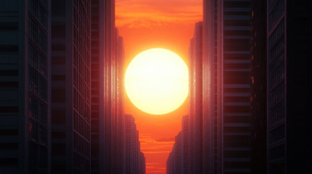 A close-up shot of the sun setting through the narrow gap between two skyscrapers, with the bright, fiery orb contrasted against the dark silhouettes of the buildings.の素材