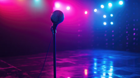 A creative shot of a  on a stand with colorful stage lights reflecting off its surface, creating an atmosphere of excitement and anticipation for a performance.の素材