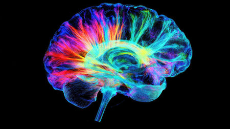 A high-resolution image of a human brain scan on a computer screen, showing detailed MRI or CT images with vibrant colors highlighting different brain areas.の素材