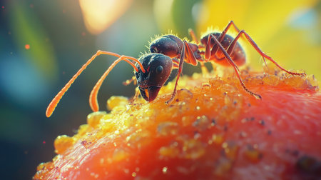 A high-quality image of an ant exploring a piece of fruit, with close-up detail of its antennae and legs, and a blurred background of the fruit.の素材