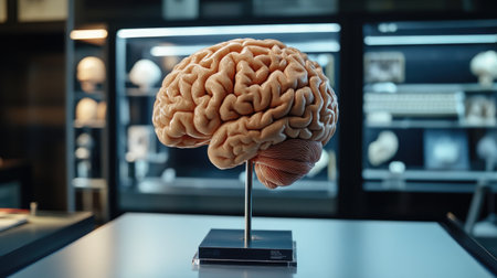 A high-quality shot of a D printed brain model with realistic texture and detail, positioned on a stand and illuminated for a clear view of its structure.の素材