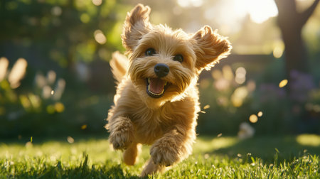 A high-resolution image of a playful dog with a wagging tail, running through a grassy park, with sunlight highlighting its fur and a joyful expression.の素材