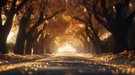 A high-resolution image of a tree-lined avenue in autumn, with golden leaves covering the road and a peaceful, sunlit ambiance.の素材