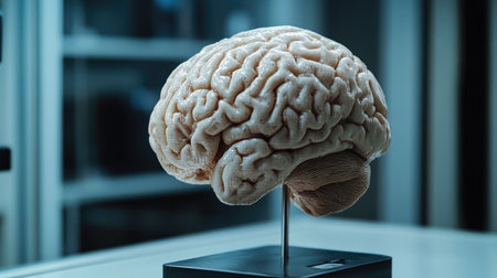 A high-quality shot of a D printed brain model with realistic texture and detail, positioned on a stand and illuminated for a clear view of its structure.の素材