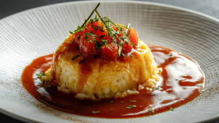 A high-resolution photo of a generous serving of omurice with a rich tomato sauce drizzled on top, highlighting the dish's vibrant colors and appetizing presentation.の素材