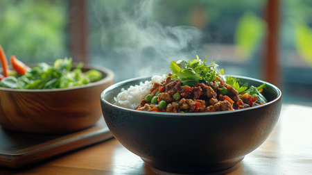A high-quality image of a steaming bowl of  with a side of spicy Thai chili paste and fresh vegetables, emphasizing the simplicity and taste of the dish.の素材