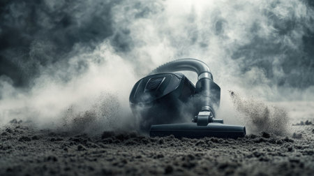 A high-resolution image of a vacuum cleaner with its detachable canister or bag open, showing collected dust and debris, demonstrating its efficiency.の素材