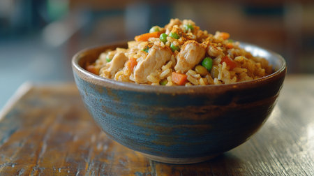A high-resolution image of a bowl of curry fried rice with visible chunks of chicken, vegetables, and a dusting of curry powder, set against a rustic wooden table.の素材