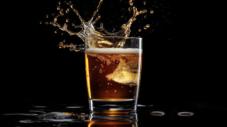A high-quality image of a beer glass with a splash of beer being poured, creating dynamic movement and emphasizing the refreshing quality of the drink.の素材