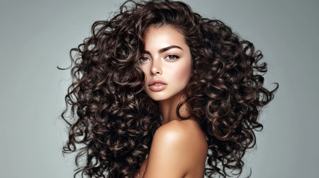 A high-resolution shot of a woman with voluminous curly hair, styled into bouncy, defined curls, highlighting natural texture and movement.の素材