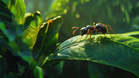A high-resolution image of a single ant on a green leaf, showcasing its fine details and texture as it explores its environment in a natural setting.の素材