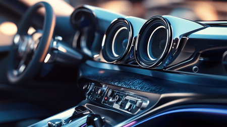 A high-resolution image of a car's audio system with visible speakers and amplifiers, capturing the modern technology and design elements in the vehicle's interior.の素材